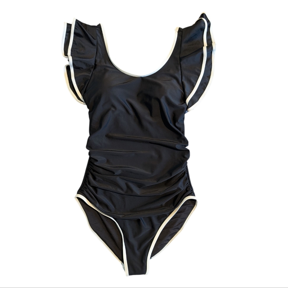 Blooming Jelly Black Ruffle One Piece Swimsuit with Back Cutout | Size Large